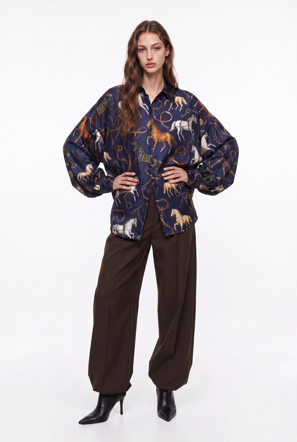 Horseprint Satin Top in Navy