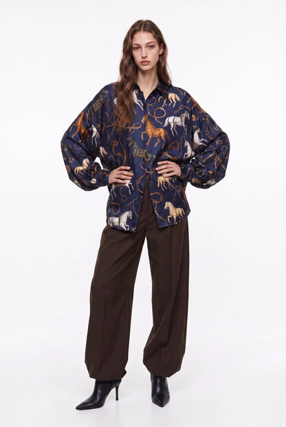 Horseprint Satin Top in Navy