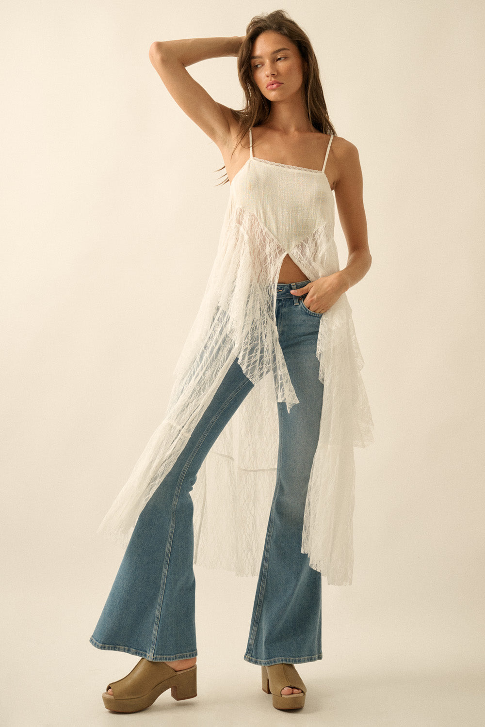 Ruffle Lace High-Low Top in Cream - PREORDER