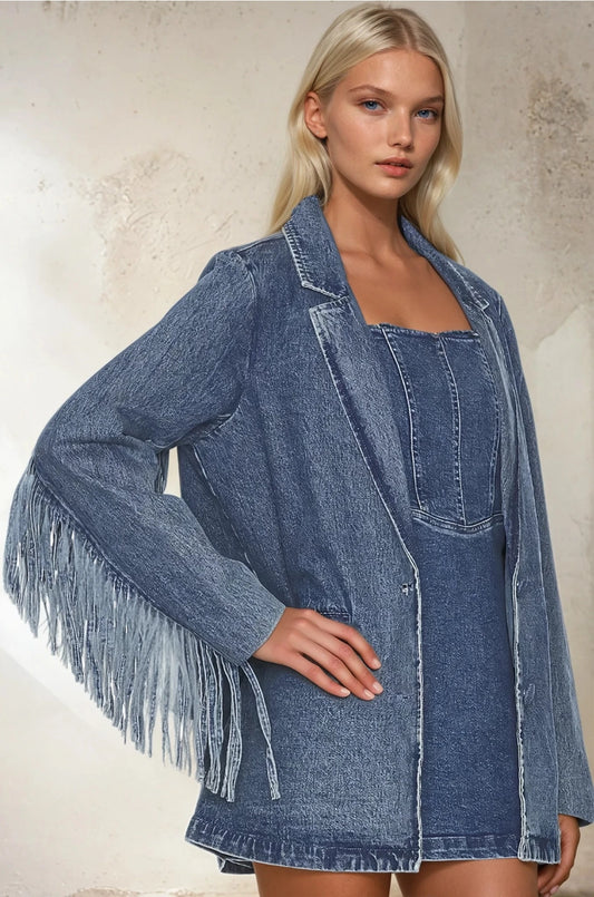 NEW!! "Status Symbol" Denim Fringe Blazer