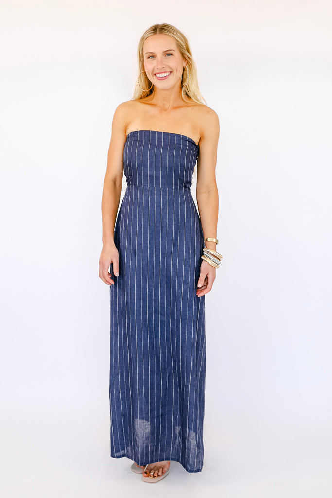 NEW!! Olivia Navy Linen Pinstripe Dress