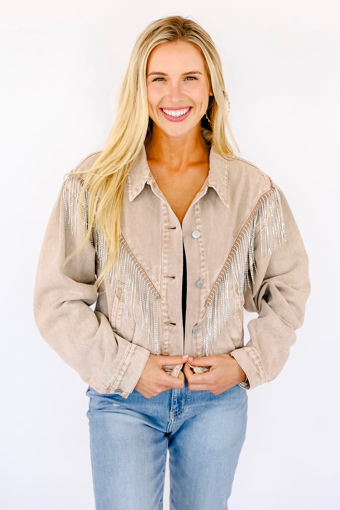 The "Bailey" Rhinestone Fringe Denim Jacket in Tan