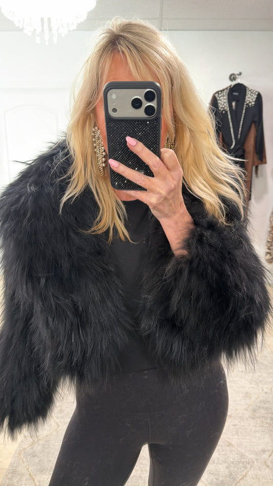 #GB10 Vintage Dyed Black Cropped Fox Fur Jacket