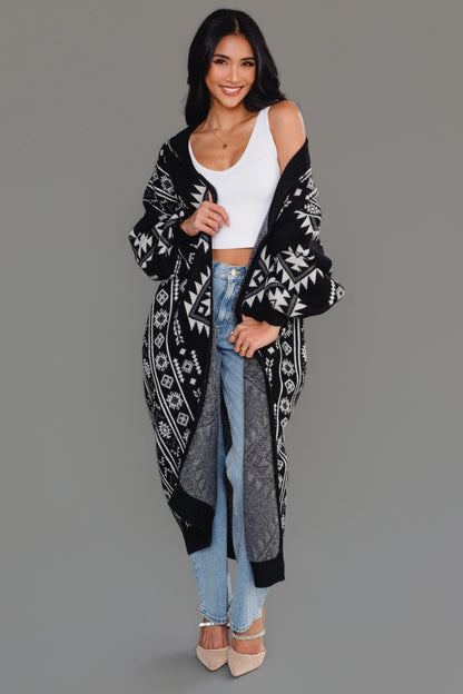 "Frontier" Aztec Print Cardigan in Black