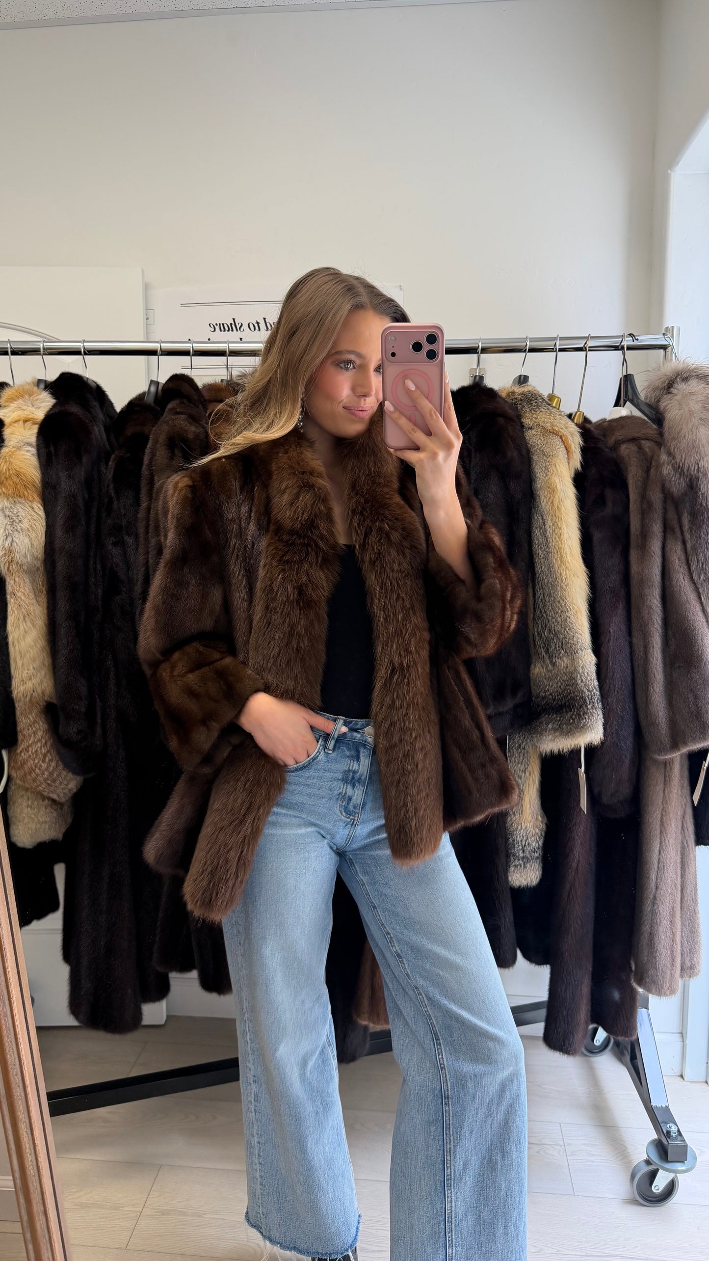 #54 Vintage Demi Buff Mink Jacket w/ Fox Tuxedo Collar Size Medium