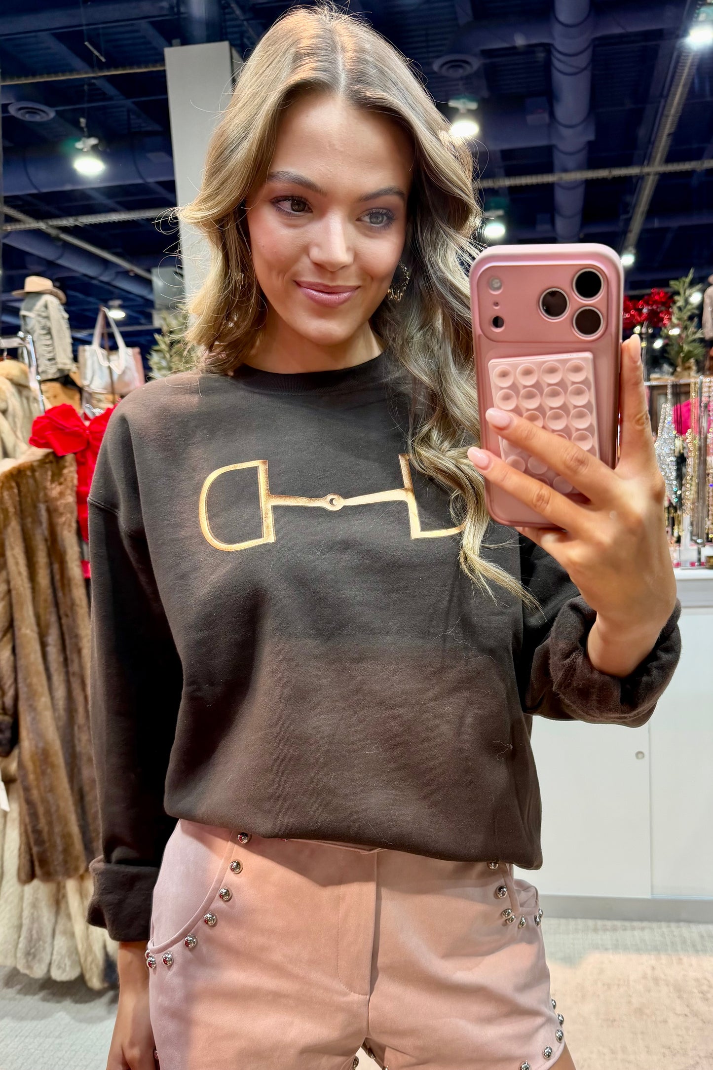 "Metallic Cowgirl" Horsebit Sweatshirt in Brown