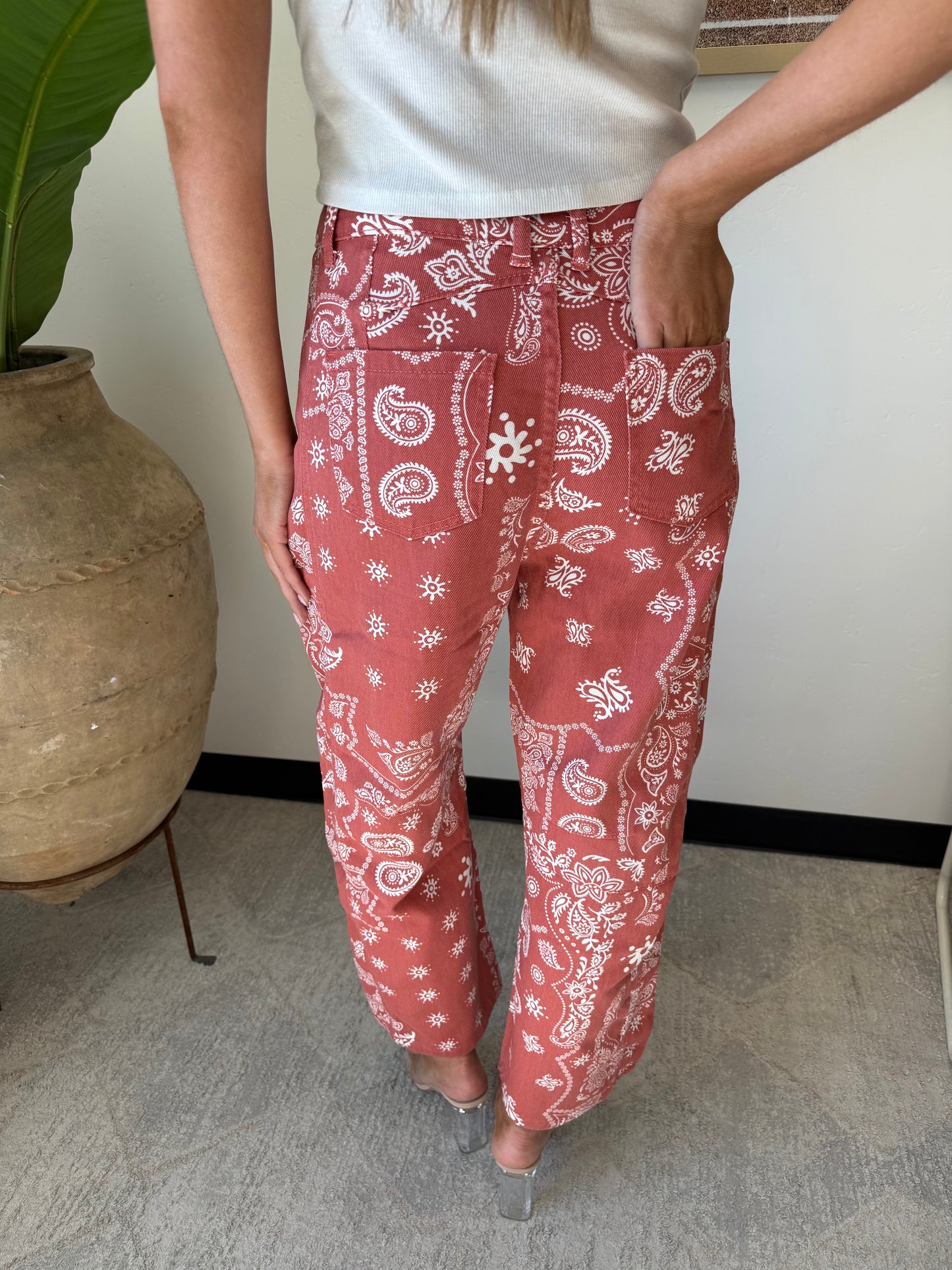 Paisley Barrel Leg Pants in Red