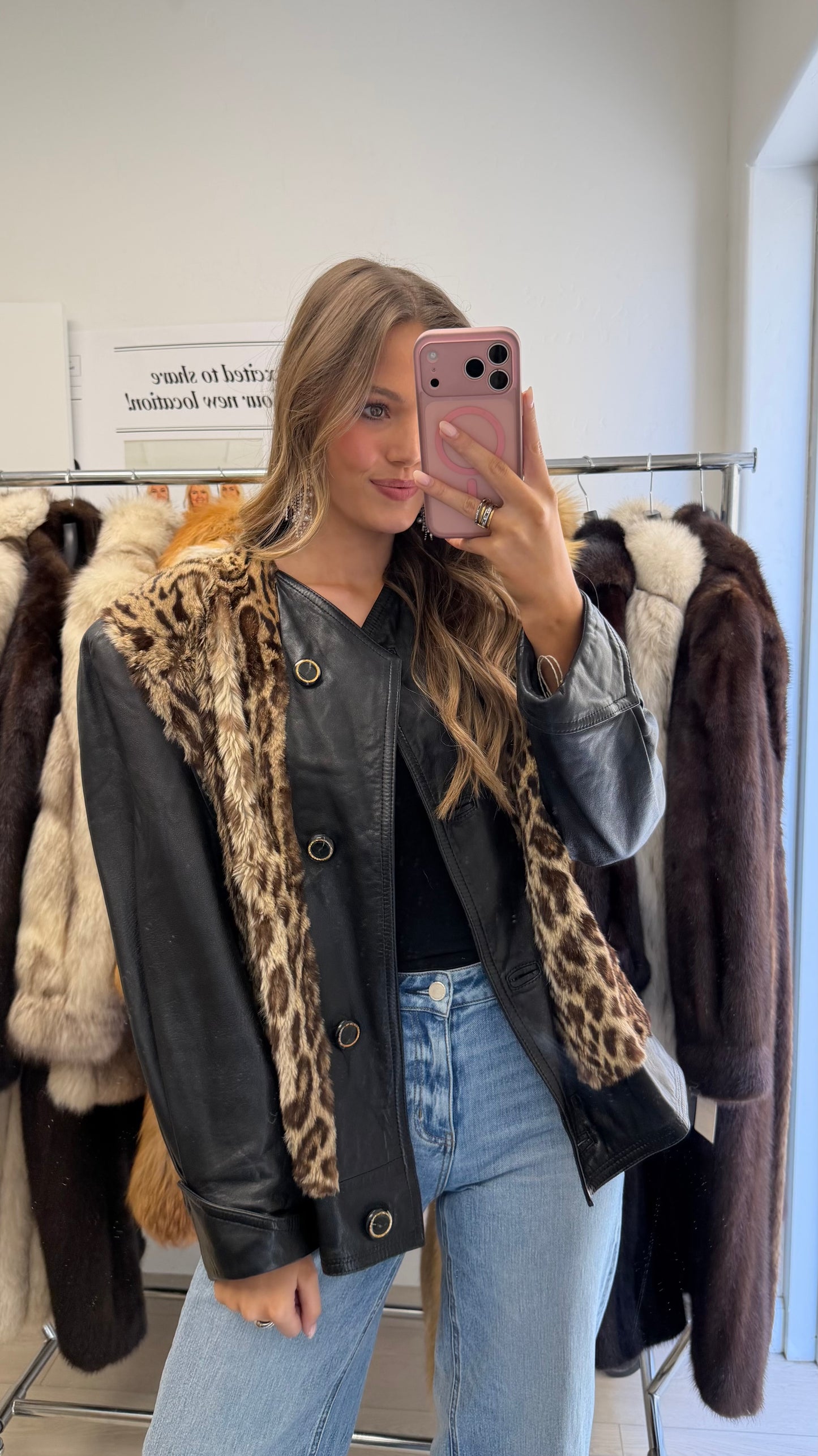 #32 Vintage Leather Jacket w/ Spotted Rabbit Fur Details Size M/L