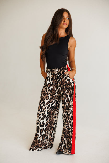 Leopard Straight Leg Pants With Red Stripes