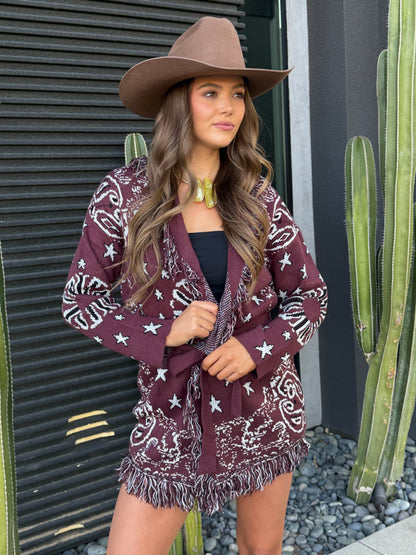 Sonora Fringe Wrap Cardigan in Burgundy