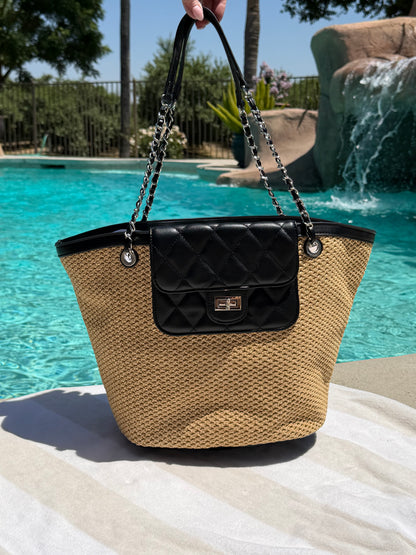 "Portofino" Straw Tote in Black