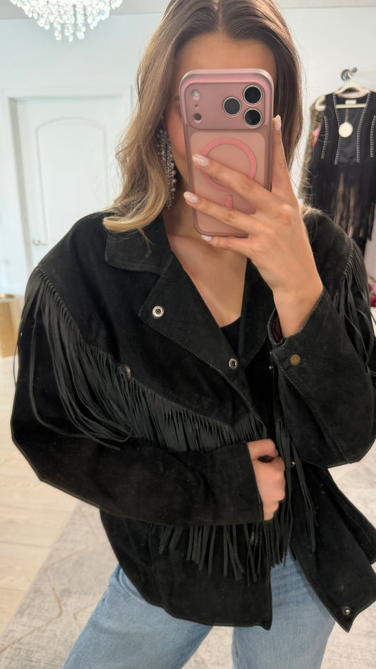 Vintage Black Suede Fringe Jacket Size M/L