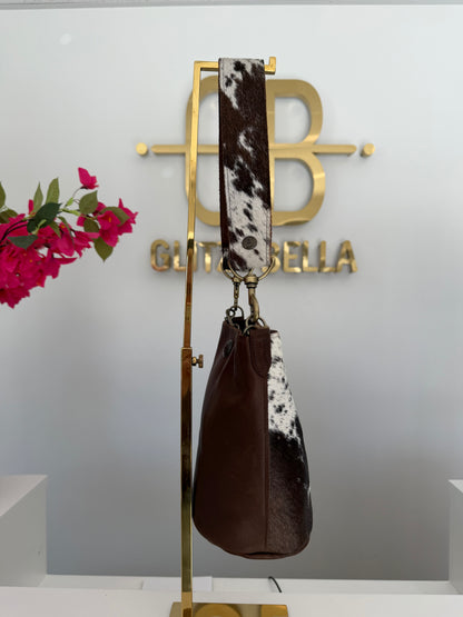 Brown and White Cowhide Small Bucket Bag w/ Cowhide Strap