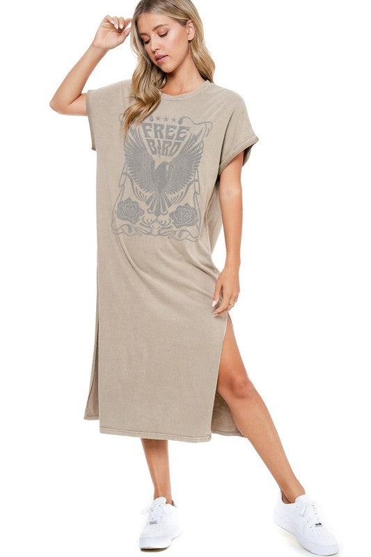 BEST SELLER!! “Freebird” Graphic T-Shirt Dress in Khaki