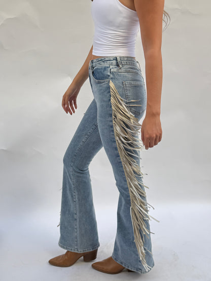 High Rise Fringe Jeans in Light Wash