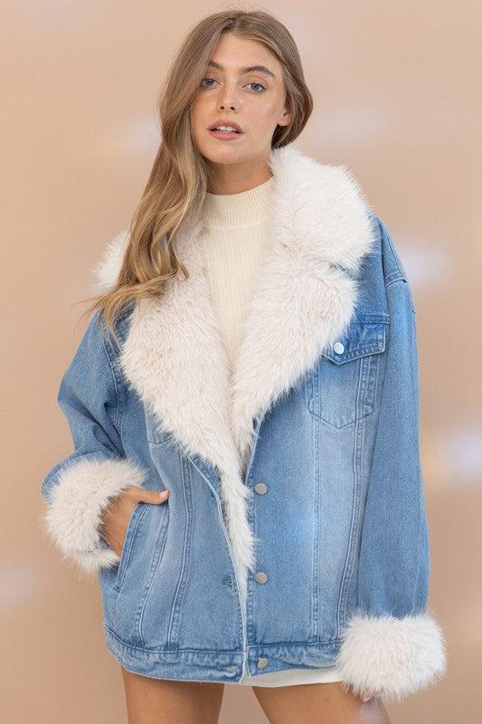 Womens Jacket Denim Jacket With White Fur Inside Women Faux Fur