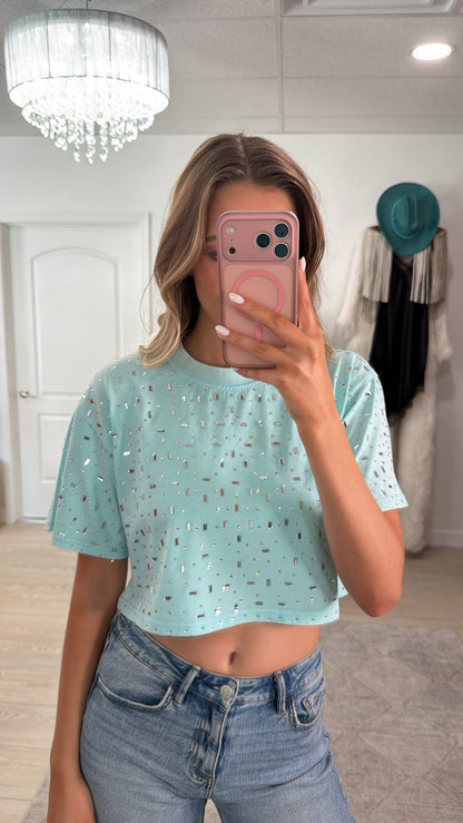The “Houston" Cropped Rhinestone Tee in Teal