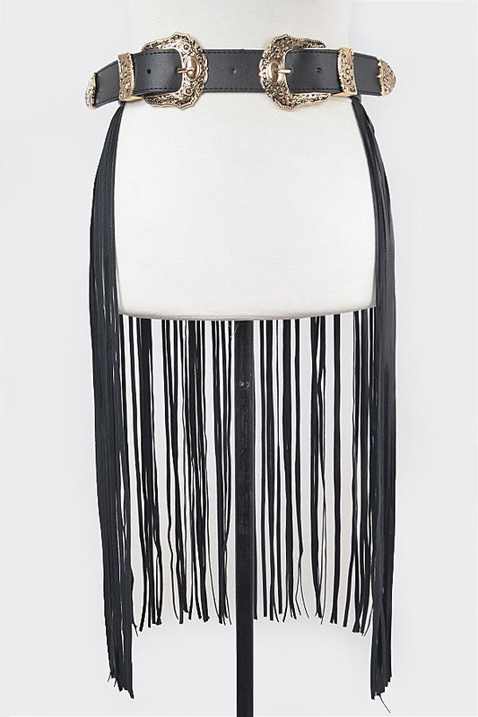 NEW!! Buckle Up Faux Leather Fringe Belt in Colors! Black/Gold
