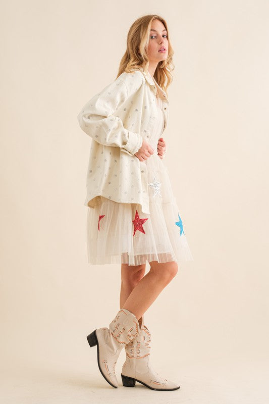 NEW! Crystal Star Denim Shacket in Off White