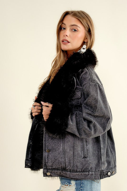 NEW!! Penny Faux Fur Denim Jacket in Black