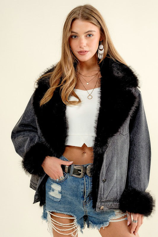 NEW!! Penny Faux Fur Denim Jacket in Black