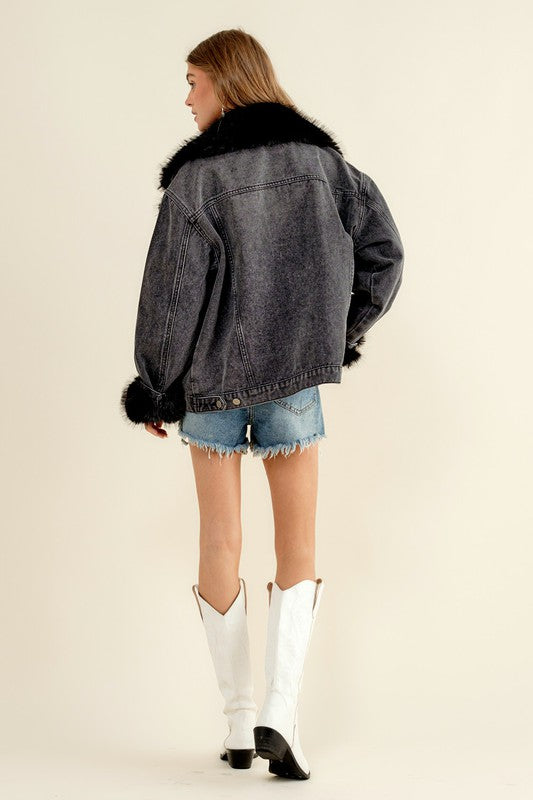 NEW!! Penny Faux Fur Denim Jacket in Black