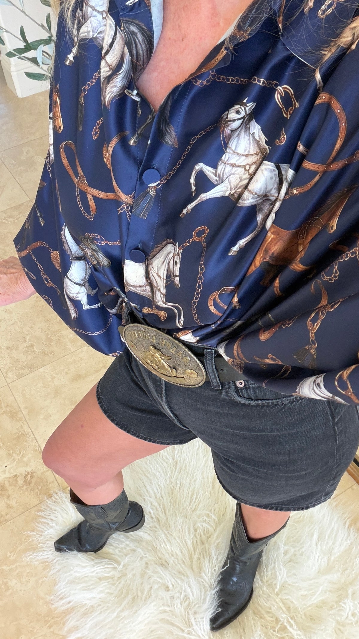 Horseprint Satin Top in Navy