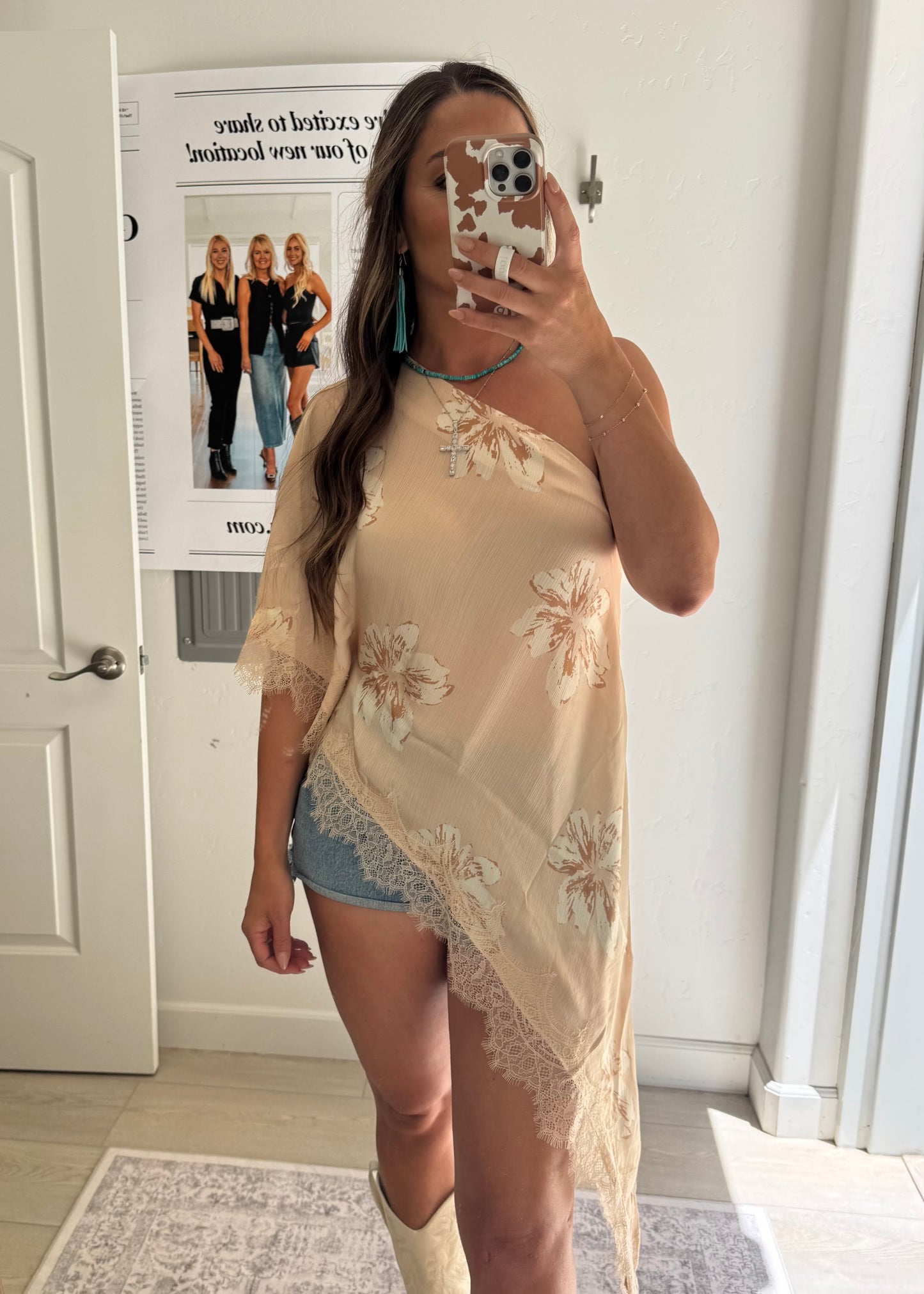 Asymmetric Lace Top in Nude Floral