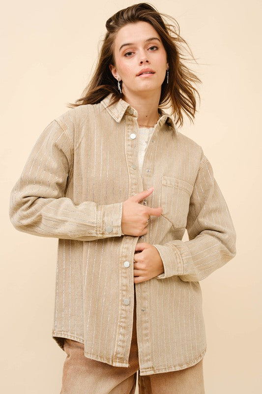 AS SEEN ON WHITNEY RIFE!! Crystal Striped Denim Shacket in Beige