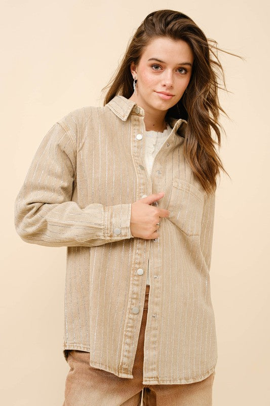 BEST SELLER!! Crystal Striped Denim Shacket in Beige