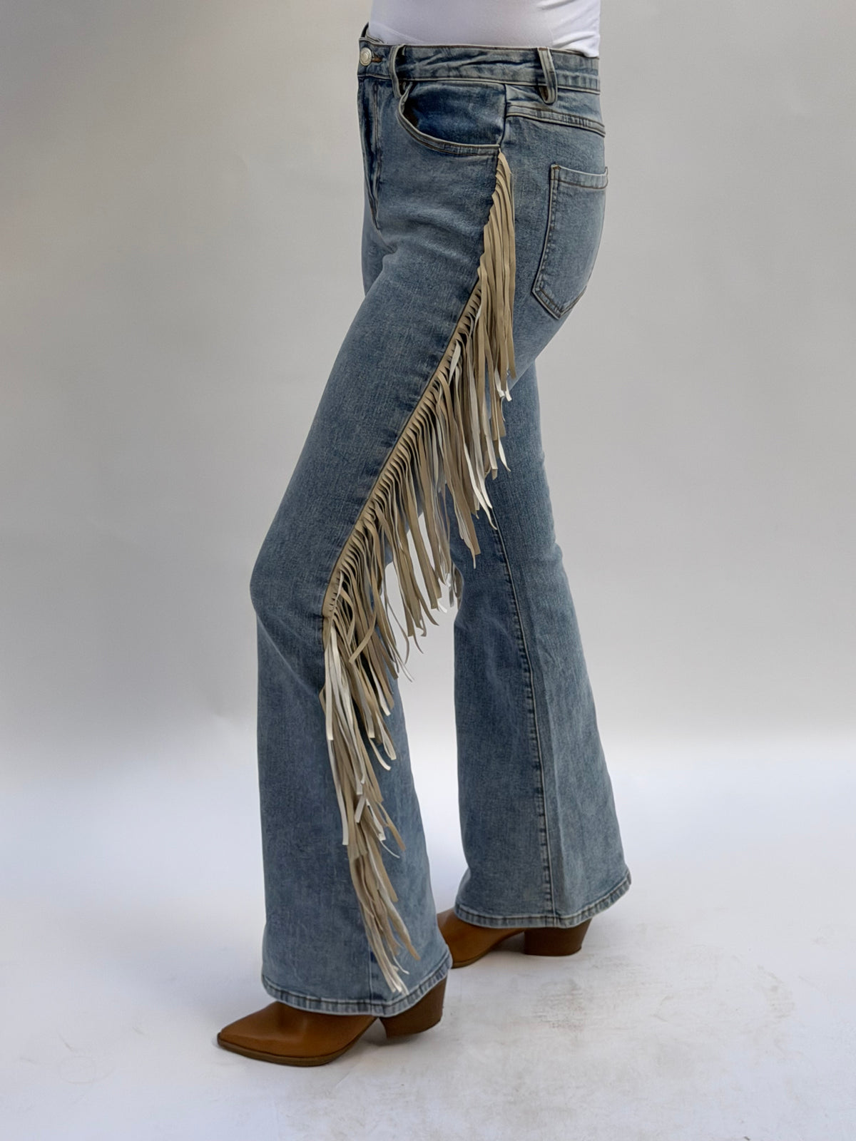 High Rise Fringe Jeans in Light Wash