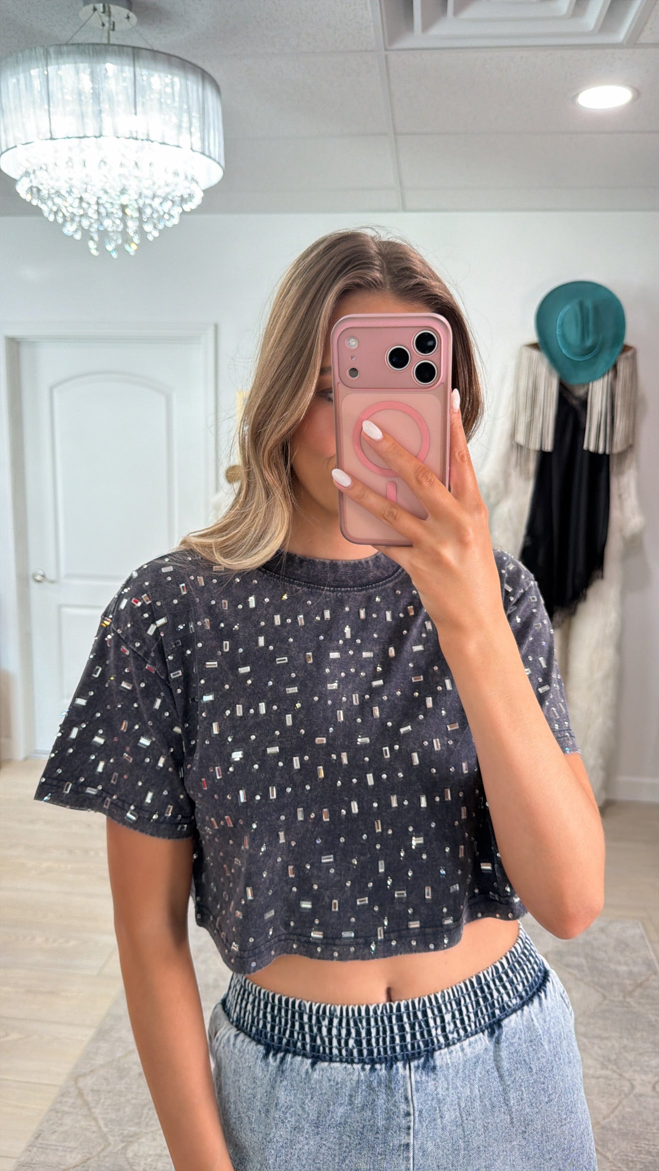 The “Houston" Cropped Rhinestone Tee in Navy