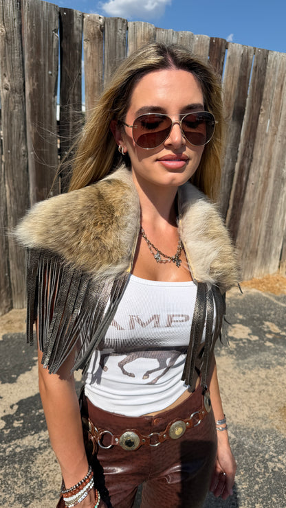 Vintage Coyote Fur & Leather Fringe Collar - Small Size
