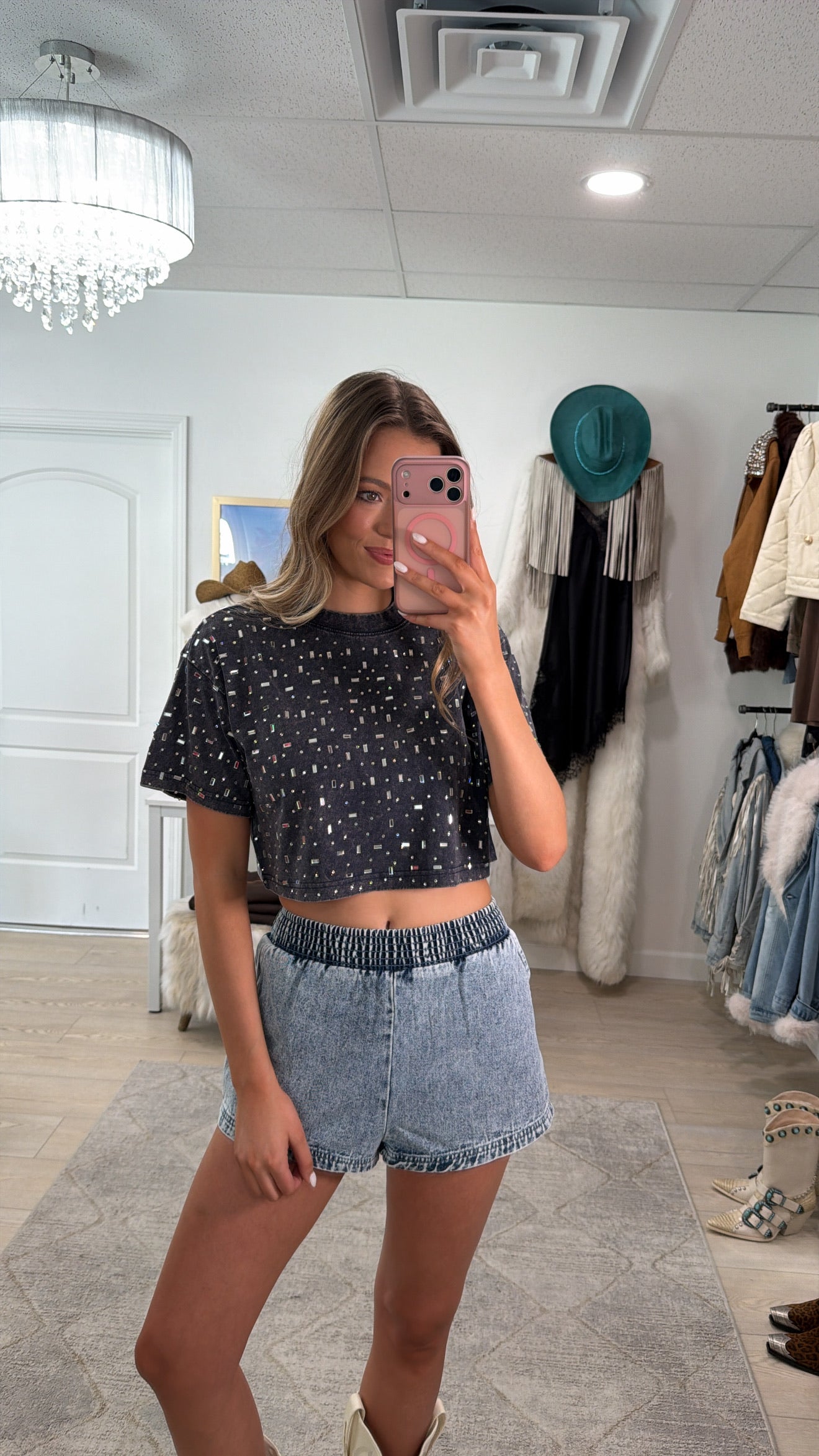 The “Houston" Cropped Rhinestone Tee in Navy