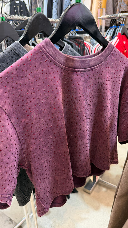 The “Brooklyn" Cropped Rhinestone Tee in Maroon