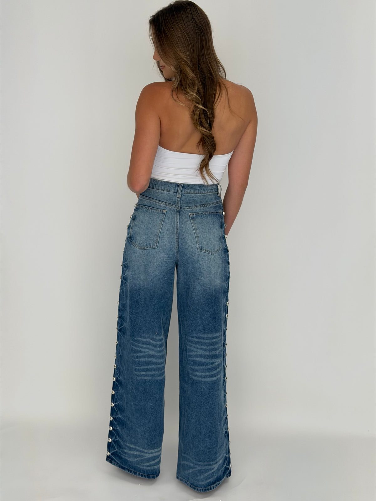 High Rise Wide Leg Studded Jeans