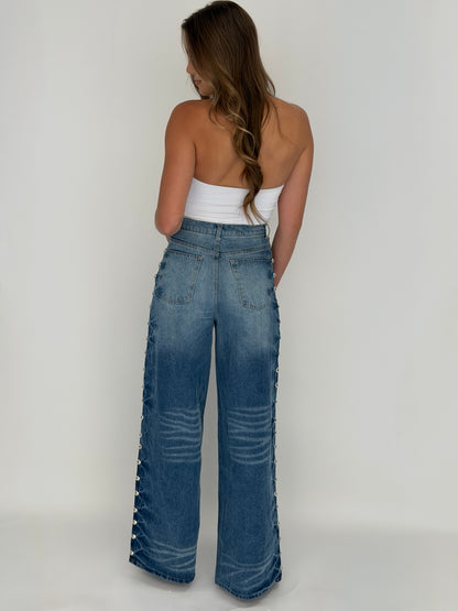 High Rise Wide Leg Studded Jeans