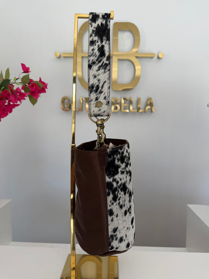 Black and White Cowhide Large Bucket Bag w/ Cowhide Strap