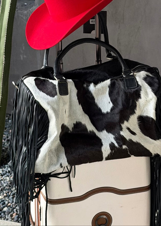 Cowhide Fringe Weekender Bag - Black