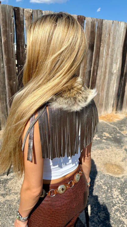Vintage Coyote Fur & Leather Fringe Collar - Small Size