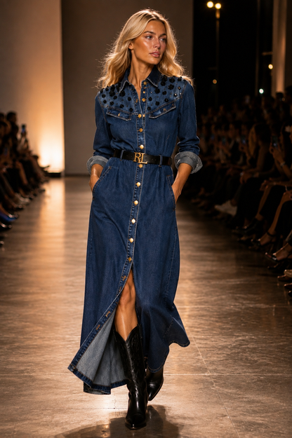 Dark Denim Dress w/ Shoulder Embellishment