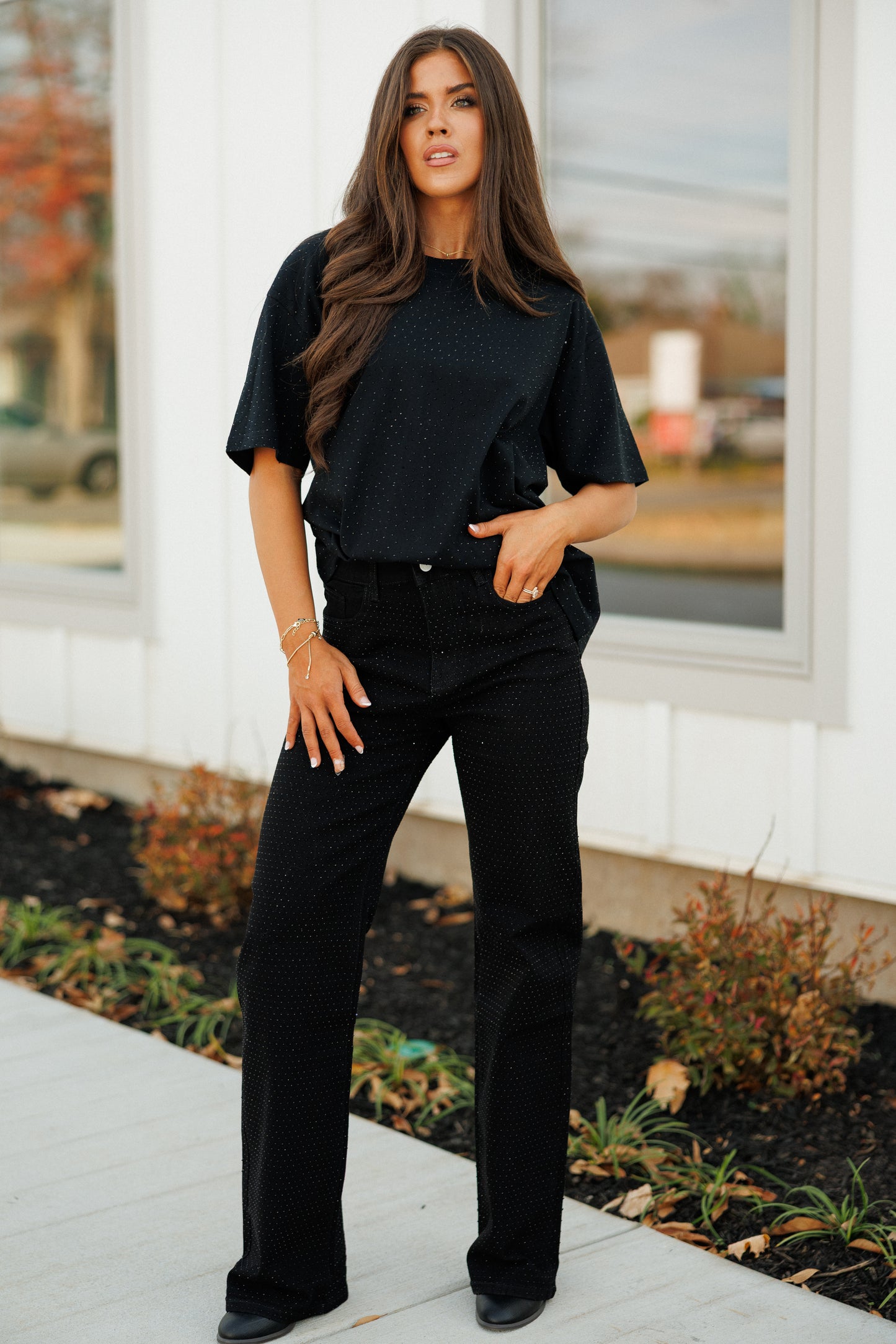 NEW!! "Brooklyn" Acid Wash Rhinestone Tee in Black
