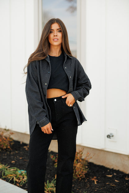 NEW!! "Statement Made" Rhinestone Denim Shacket in Black
