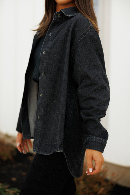 NEW!! "Statement Made" Rhinestone Denim Shacket in Black