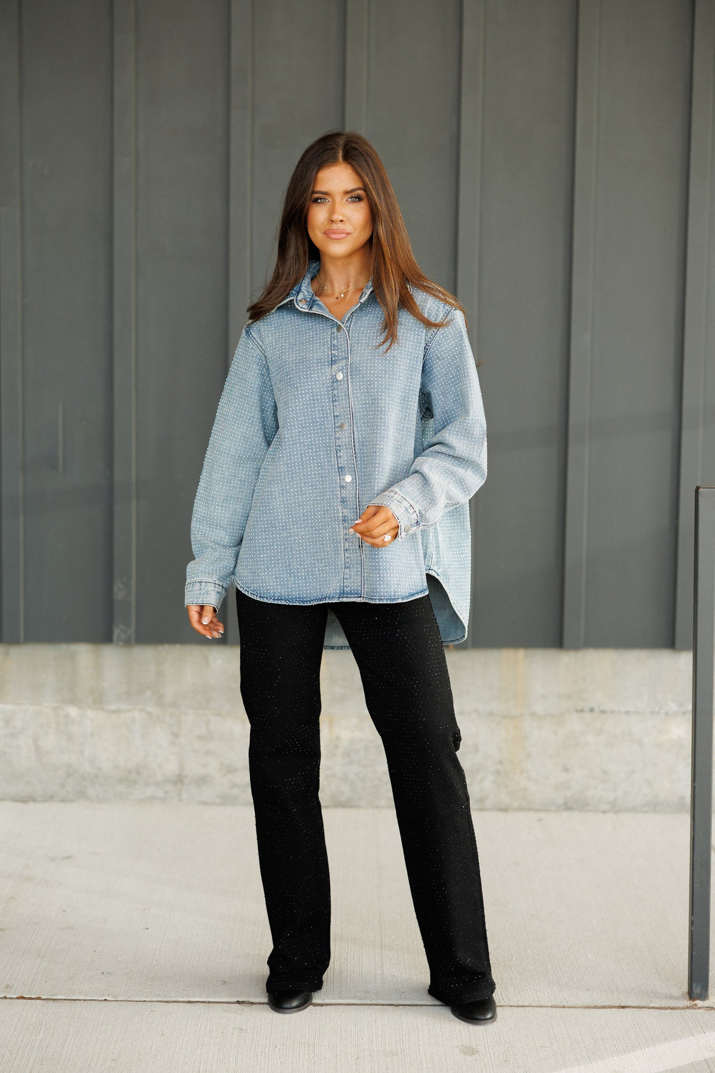 NEW!! "Statement Made" Rhinestone Denim Shacket in Blue