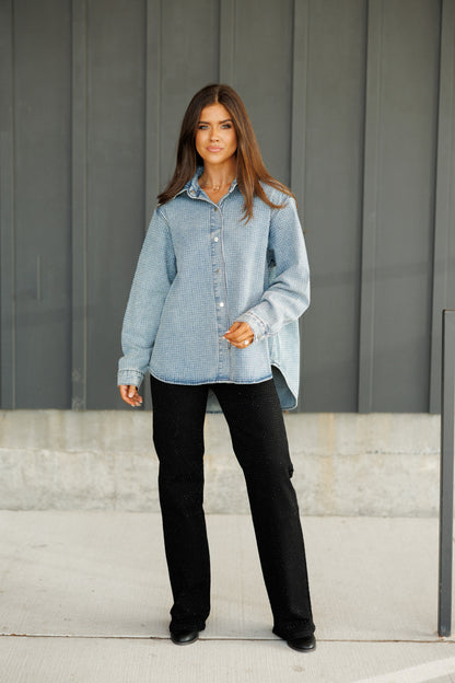 NEW!! "Statement Made" Rhinestone Denim Shacket in Blue