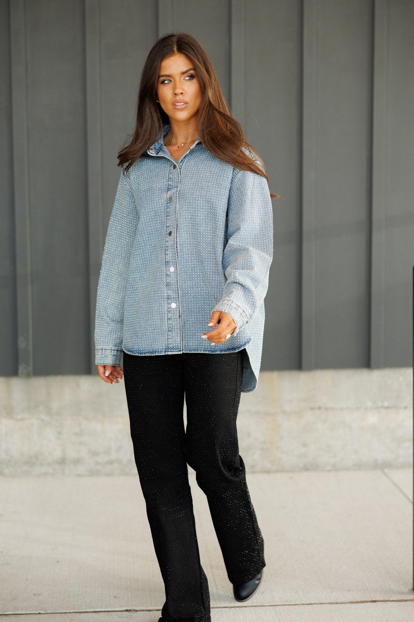 NEW!! "Statement Made" Rhinestone Denim Shacket in Blue