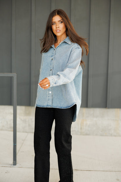 NEW!! "Statement Made" Rhinestone Denim Shacket in Blue