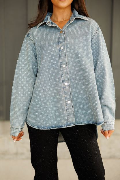 NEW!! "Statement Made" Rhinestone Denim Shacket in Blue