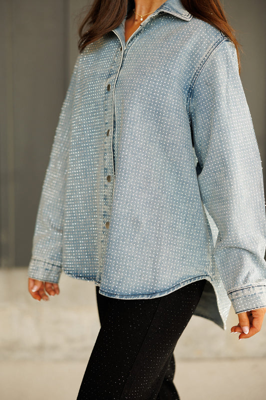 NEW!! "Statement Made" Rhinestone Denim Shacket in Blue